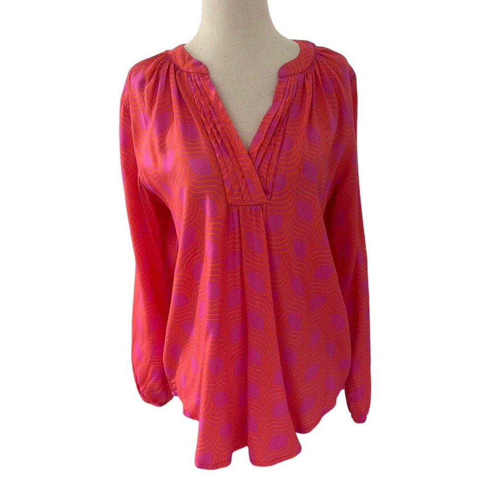 Escapada Women XS Pink Orange Geometric Wavy Split V-Neck Tunic Blouse | 0245